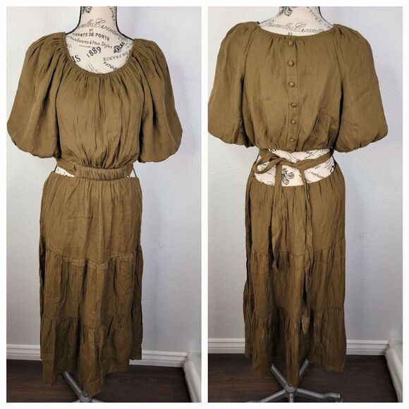 by the River Maxi Dress Small Elastic Tie Waist Semi Open Back Puff Sleeves - Picture 1 of 13